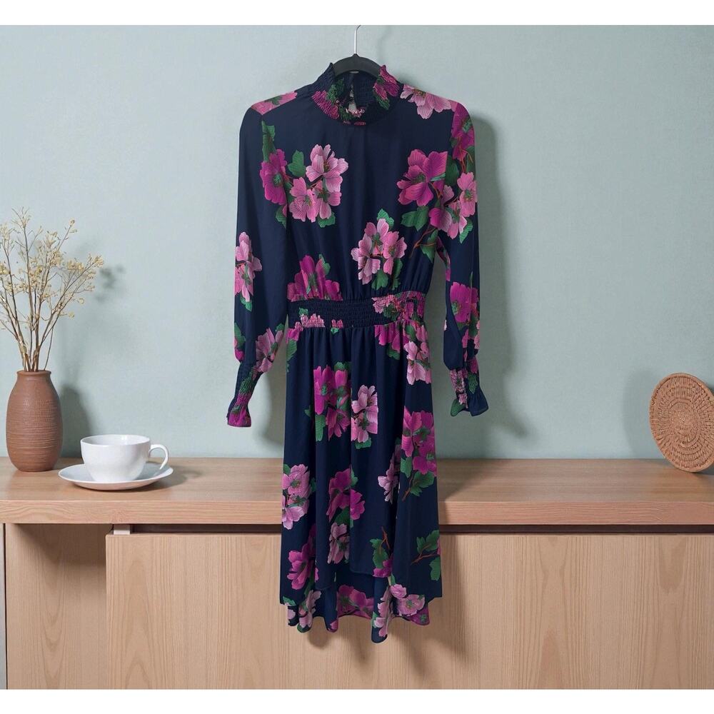 Nanette Lepore Long Maxi Black Floral Long Sleeve High Neck Size 8 Dress purple